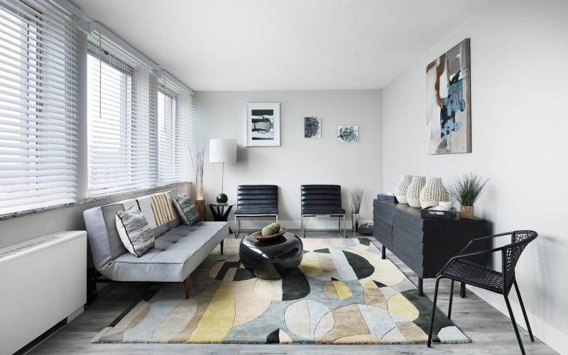 a living room with a couch and a table